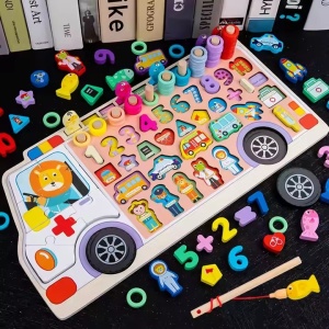 Jucarie educativa 6 in 1, logaritmica, in forma de masinuta cu multe accesorii, din lemn, pentru copii 3 ani+, 45x23 cm, multicolor - Img 2