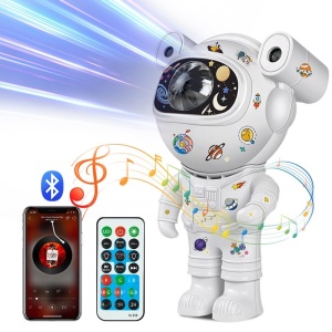 Proiector bluetooth LED RGB in forma de astronaut cu sunete si lumini, telecomanda, stickere autoadezive, alb - Img 9