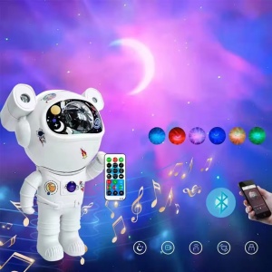 Proiector bluetooth LED RGB in forma de astronaut cu sunete si lumini, telecomanda, stickere autoadezive, alb - Img 6