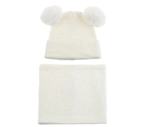 Set Caciula cu Strasuri, Urechi Pompon si Fular, captuseala fleece, 6 ani, ecru - Img 1