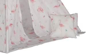 Cort de joaca Tipi, cu cadru de lemn, stil indian cu material imprimat cu pasari flamingo - Img 2