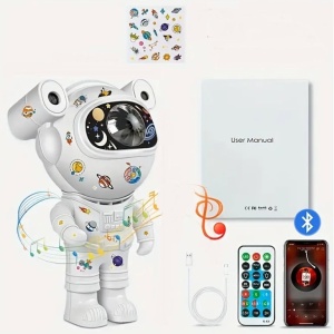 Proiector bluetooth LED RGB in forma de astronaut cu sunete si lumini, telecomanda, stickere autoadezive, alb - Img 10