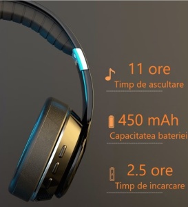 Casti wireless over the ear, pliabile, bluetooth, microfon, autonomie 11h, radio, HiFi, noise canceling, negru - Img 4