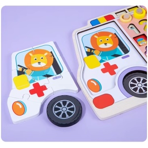 Jucarie educativa 6 in 1, logaritmica, in forma de masinuta cu multe accesorii, din lemn, pentru copii 3 ani+, 45x23 cm, multicolor - Img 4