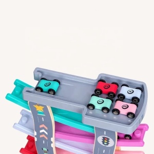 Pista cu 8 masinute, circuit cu rampe colorate, din lemn si plastic, pentru copii 3 ani+, 40x30cm, multicolor - Img 5