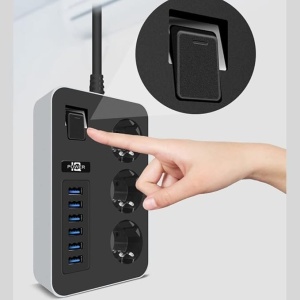 Prelungitor cu 6 porturi USB si 3 prize universale, 3000W, 3.1A, 1.8m, protectie copii si impamantare, 15.8x9.8x3.8 cm, negru cu gri - Img 2