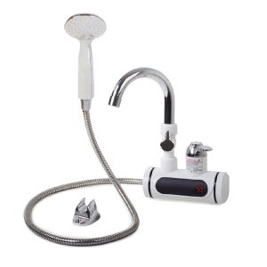 Robinet electric pentru incalzit apa instant, 3000W, afisaj LCD, metalic, cu dus, inaltim robinet 31 cm, alb - Img 1