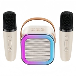 Set karaoke cu boxa 5W si 2 microfoane, wireless, bluetooth, lumina RGB, suporta moduri multiple de intrare, bej - Img 1