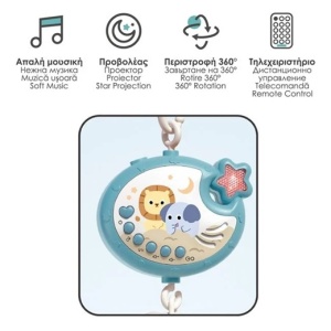 Carusel muzical pentru patutul bebelusilor, Rotire la 360grade, Functie de proiector, Cu animalute, Cu sunete, Cu telecomanda, Intensitate ajustabila a sunetelor, Plastic, 40x8.5x26cm, Multicolor - Img 4