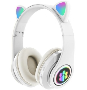 Casti On-Ear bluetooth 5.0, fara fir, cu urechi de pisica si lumina LED RGB, Alb - Img 1