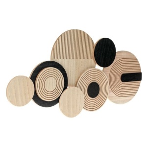 Decoratiune de perete in forma de cercuri de diferite dimensiuni, din lemn cu suport metalic, 67.5x34x2.5 cm, maro/negru - Img 3