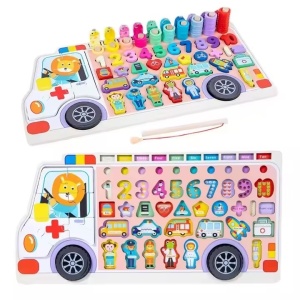 Jucarie educativa 6 in 1, logaritmica, in forma de masinuta cu multe accesorii, din lemn, pentru copii 3 ani+, 45x23 cm, multicolor - Img 5