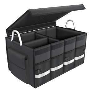 Organizator portbagaj auto, pliabil, cu capac, 3 compartimente mari si buzunare, manere, impermeabil, 60L, 60x35x30cm, negru - Img 1