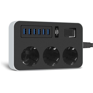 Prelungitor cu 6 porturi USB si 3 prize universale, 3000W, 3.1A, 1.8m, protectie copii si impamantare, 15.8x9.8x3.8 cm, negru cu gri - Img 1
