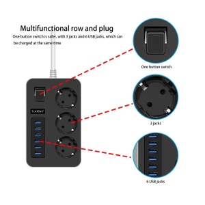 Prelungitor cu 6 porturi USB si 3 prize universale, 3000W, 3.1A, 1.8m, protectie copii si impamantare, 15.8x9.8x3.8 cm, negru cu gri - Img 3