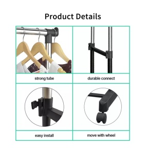 Suport dublu pentru umerase si haine tip stander, Cu roti si inaltime reglabila 94-160cm - Img 3
