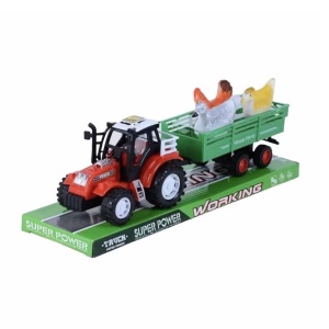 Tractor de jucarie cu remorca si 3 pasari de curte, de frictiune, pentru copii 3 + ani, plastic, 36cm lungime, rosu-verde - Img 1