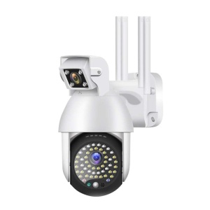 Camera de supraveghere IP PTZ duala, wireless, 320°, 1080P, IR+LED, pentru exterior, senzor miscare, alarma, alb - Img 1
