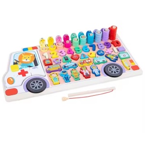 Jucarie educativa 6 in 1, logaritmica, in forma de masinuta cu multe accesorii, din lemn, pentru copii 3 ani+, 45x23 cm, multicolor - Img 6