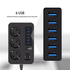 Prelungitor cu 6 porturi USB si 3 prize universale, 3000W, 3.1A, 1.8m, protectie copii si impamantare, 15.8x9.8x3.8 cm, negru cu gri - Img 4
