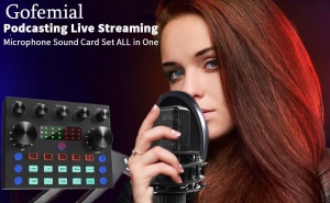 Set microfon condensator cu placa de sunet mixer, negru-auriu - Img 5