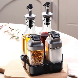 Set recipiente pentru condimente si oliviera, 5 piese, cu suport, sticla, plastic si inox, 2x90ml, 2x175ml, 14.5x11.5x21.5cm, negru-argintiu-transparent - Img 2