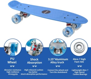 Skateboard cu Lumini, pentru copii de 4 ani+, rulmenti ABEC-7, roti din silicon, 55 x 14.5 cm, Albastru/Rosu - Img 4