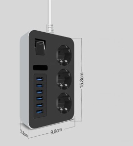 Prelungitor cu 6 porturi USB si 3 prize universale, 3000W, 3.1A, 1.8m, protectie copii si impamantare, 15.8x9.8x3.8 cm, negru cu gri - Img 5