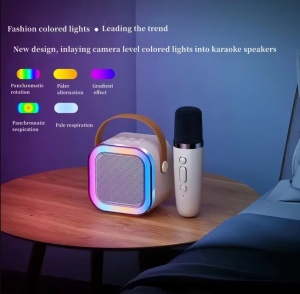 Set karaoke cu boxa 5W si 2 microfoane, wireless, bluetooth, lumina RGB, suporta moduri multiple de intrare, bej - Img 4