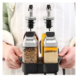 Set recipiente pentru condimente si oliviera, 5 piese, cu suport, sticla, plastic si inox, 2x90ml, 2x175ml, 14.5x11.5x21.5cm, negru-argintiu-transparent - Img 3