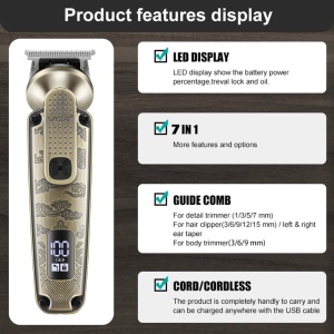 Aparat de Tuns Fara Fir, V-095, 7 in 1, 25 Accesorii, Baterie 1200mAh, 6500rpm, IPX6, Auriu - Img 8
