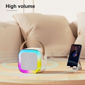 Set karaoke cu boxa 5W si 2 microfoane, wireless, bluetooth, lumina RGB, suporta moduri multiple de intrare, bej - Img 6