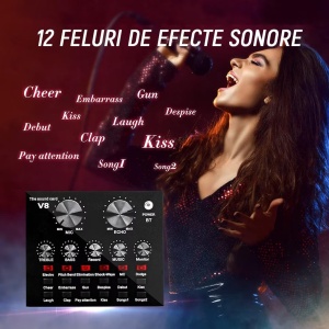 Set profesional cu Mixer Audio si Microfon MIC8, pentru podcast, inregistrare, live, tiktok, negru-auriu - Img 4