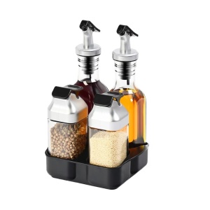 Set recipiente pentru condimente si oliviera, 5 piese, cu suport, sticla, plastic si inox, 2x90ml, 2x175ml, 14.5x11.5x21.5cm, negru-argintiu-transparent - Img 4