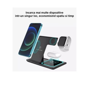 Statie de incarcare rapida 3 in 1 fara fir, magnetic, pliabil, 15W pentru telefon, ceas, casti - Img 3