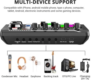 Placa de sunet bluetooth, cu mixer audio, schimbator de voce, 18 efecte de sunet live si mixer pentru microfoane, negru - Img 8