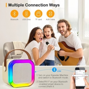 Set karaoke cu boxa 5W si 2 microfoane, wireless, bluetooth, lumina RGB, suporta moduri multiple de intrare, bej - Img 3
