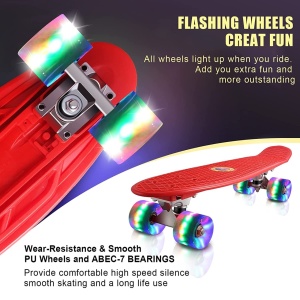 Skateboard cu Lumini, pentru copii de 4 ani+, rulmenti ABEC-7, roti din silicon, 55 x 14.5 cm, Albastru/Rosu - Img 2