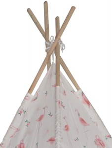 Cort de joaca Tipi, cu cadru de lemn, stil indian cu material imprimat cu pasari flamingo - Img 3