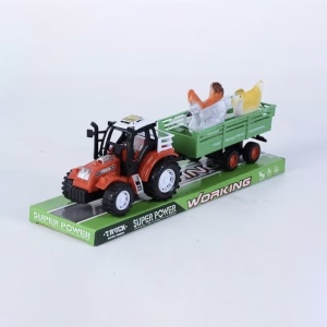 Tractor de jucarie cu remorca si 3 pasari de curte, de frictiune, pentru copii 3 + ani, plastic, 36cm lungime, rosu-verde - Img 2