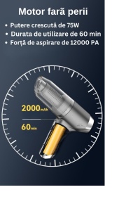 Aspirator Auto 3 in 1, Fara Fir, Turbo Duster, 4000PA, 120W, Baterie 2000mAh, 2 Trepte, Filtru HEPA, Negru - Img 5
