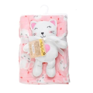 Patura bebe pentru fete, cu jucarie de plus, dimensiuni 100x75cm, roz-alb - Img 1
