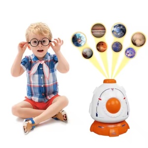 Proiector de planete cu 3 figurine, astronaut, robot si extraterestru, pentru copii 3 ani+, alb-portocaliu - Img 1