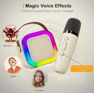 Set karaoke cu boxa 5W si 2 microfoane, wireless, bluetooth, lumina RGB, suporta moduri multiple de intrare, bej - Img 5