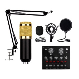 Set profesional cu Mixer Audio si Microfon MIC8, pentru podcast, inregistrare, live, tiktok, negru-auriu - Img 1