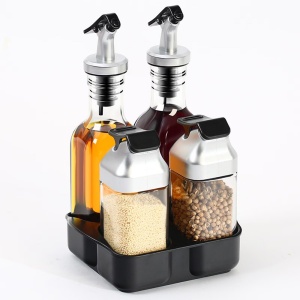 Set recipiente pentru condimente si oliviera, 5 piese, cu suport, sticla, plastic si inox, 2x90ml, 2x175ml, 14.5x11.5x21.5cm, negru-argintiu-transparent - Img 1
