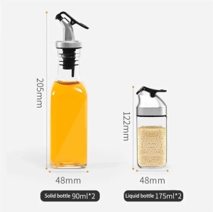 Set recipiente pentru condimente si oliviera, 5 piese, cu suport, sticla, plastic si inox, 2x90ml, 2x175ml, 14.5x11.5x21.5cm, negru-argintiu-transparent - Img 7