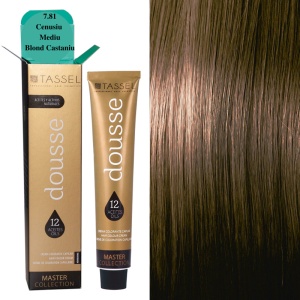 Vopsea de par cu 12 uleiuri hranitoare si putin amoniac Dousse Tassel nr 7.81, Cenusiu Mediu Blond Castaniu 100 ml