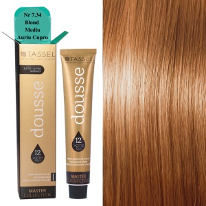 Vopsea de par cu 12 uleiuri hranitoare si putin amoniac Dousse Tassel nr 7.34, Blond Mediu Auriu Cupru 100 ml