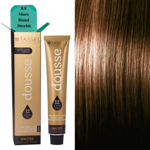 Vopsea de par cu 12 uleiuri hranitoare si putin amoniac Dousse Tassel nr 8.8, Maro Blond Deschis 100 ml
